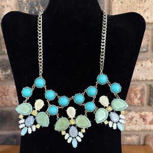 Vintage Blue, Green and Yellow Statement Necklace with gold tone chain